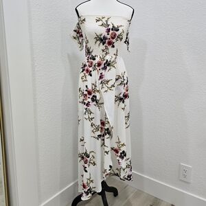 Women Floral Off The Shoulder Split Chiffon Maxi Beach Dresses White